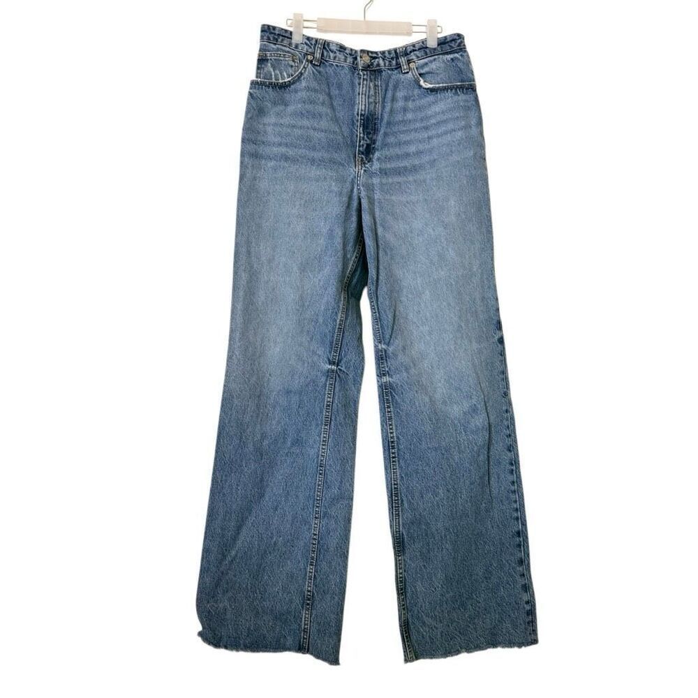 Zara High Rise Straight Wide Leg Raw Hem Full Length Blue Denim Jeans Size 14